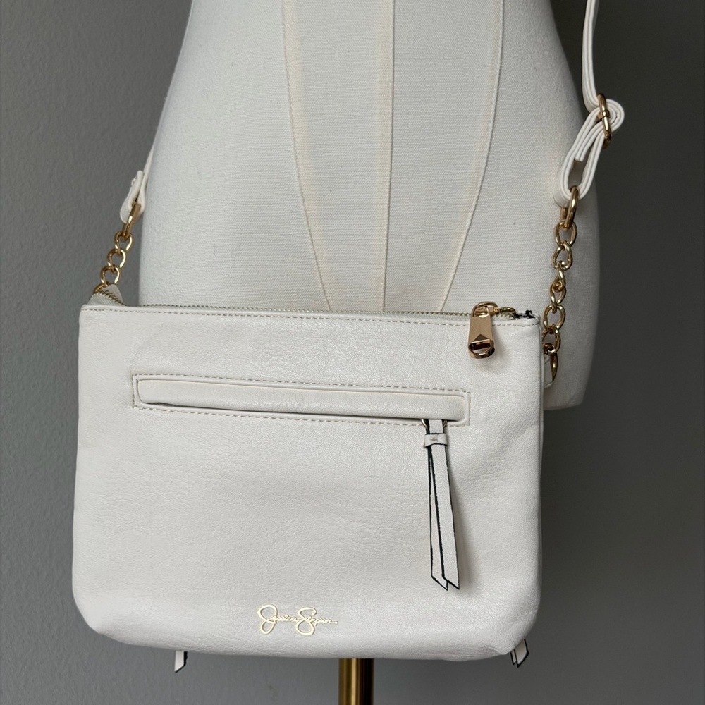 Jessica Simpson White Faux Leather Crossbody with Gold Chain Accents